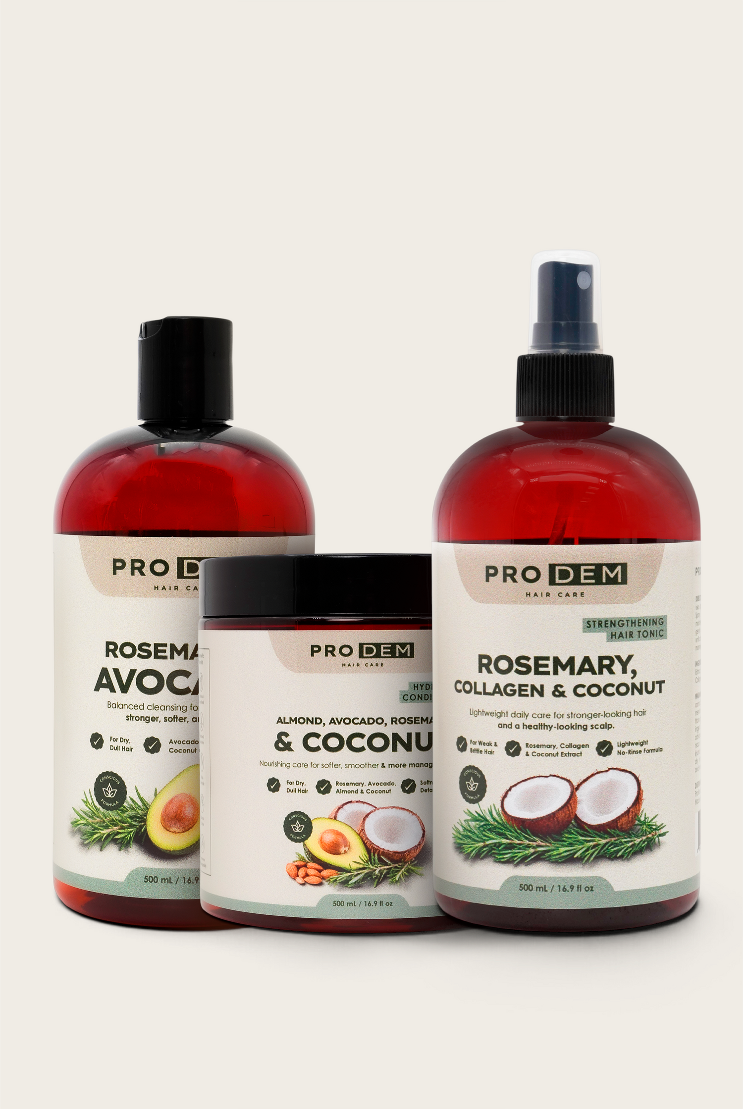 PRO DEM Rosemary & Coconut Hair Care Kit - Shampoo, Conditioner & Tonic - 3-Piece Set